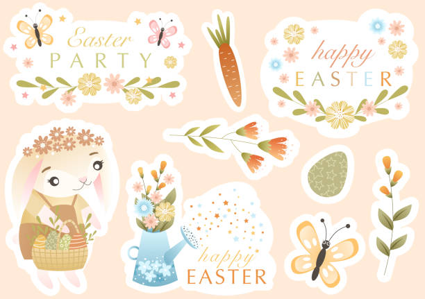 Easter sticker set of cute bunny, spring flowers, colored eggs, congratulatory quotes Easter sticker kit with cute bunny, spring flowers, colored eggs, congratulatory quotes. Vector illustration in children's style. Cute sticker set and design elements. Perfect for scrapbooking, card easter easter egg eggs basket stock illustrations