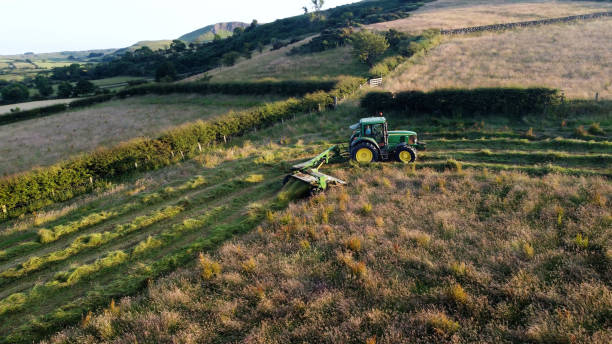 john deere 6920 tracteur et tondeuse coupant de l’herbe pour l’ensilage dans une ferme au royaume-uni - tractor farm uk agriculture photos et images de collection