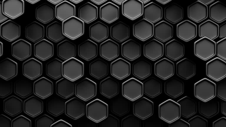 Seamless loop. Black digital technological background with steel hexagon cells. 3d abstract illustration of honeycomb structure. Black Friday wallpaper.
