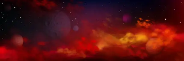 Vector illustration of Realistic space with planets, stars and red clouds