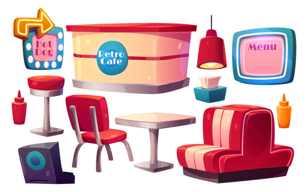 Retro cafe furniture set on white background Retro cafe furniture set isolated on white background. Vector cartoon illustration of couch, table, chair, stool, counter, lamp, menu board, illuminated direction sign. Bistro interior design elements indoors bar restaurant sofa stock illustrations