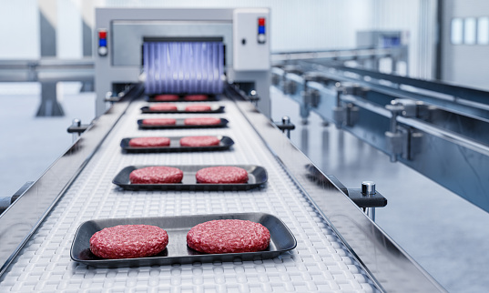Conveyor in a factory of ready-made beef hamburger cutlets - a modern ecological bio-print meat factory