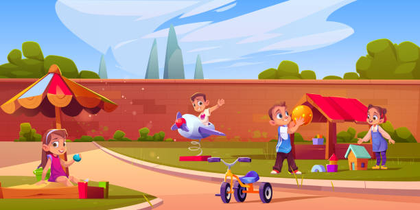 ilustraciones, imágenes clip art, dibujos animados e iconos de stock de parque infantil con niños jugando en el patio trasero - child preschool backgrounds baby