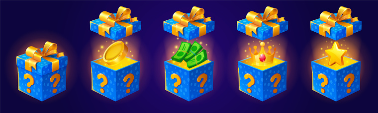Gift box with bonus, coins, bills, crown, star and mystery closed present with question sign. Packs in blue wrapping paper and bows. Game, draw, surprise, money award isolated Cartoon vector icons set