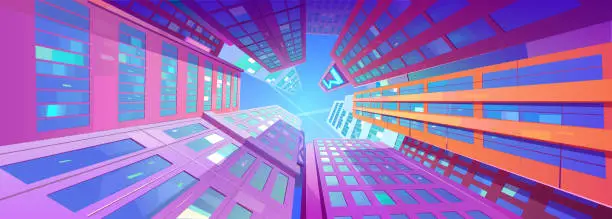 Vector illustration of Early morning city low angle view at skyscrapers