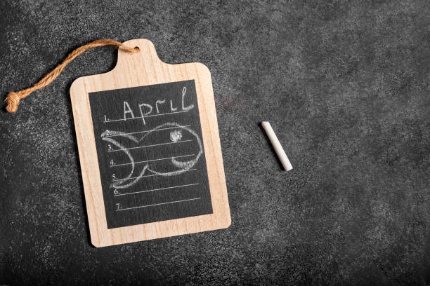 1 April chalkboard writing and fish drawing, April Fool's Day stock photo