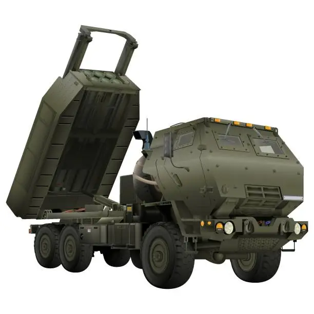 Vector illustration of HIMARS in realistic style. M142 High Mobility Artillery Rocket System. Tactical truck.