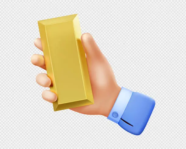 Vector illustration of 3d render hand holding golden ingot metal bar