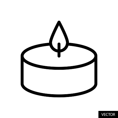 Tealight candle vector icon in line style design for website, app, UI, isolated on white background. Editable stroke. EPS 10 vector illustration.