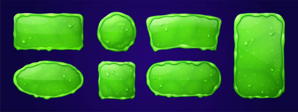 Set of sticky slime frames isolated on background Set of sticky slime frames isolated on background. Cartoon vector illustation of rectangular, square, round and oval green jelly borders with viscous mucus texture, flowing liquid and toxic blobs cartoon of glue stick stock illustrations