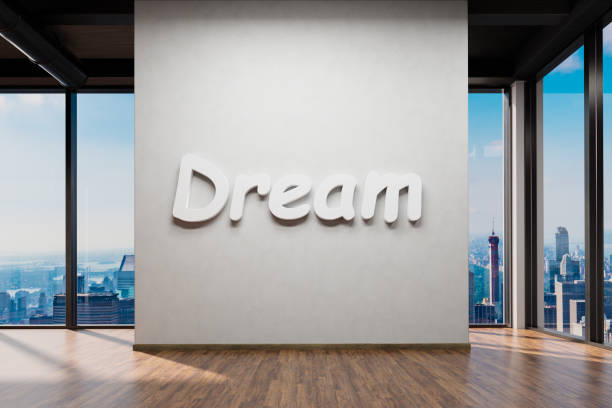 large office with centered white wall white dream lettering; copy space in front of panoramic window skyline view, 3D Illustration