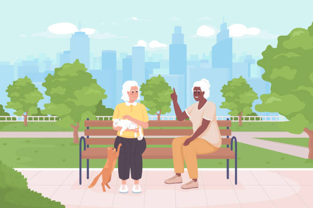 Friendship in late adulthood flat color vector illustration Friendship in late adulthood flat color vector illustration. Older women talking and playing with cats. Fully editable 2D simple cartoon characters with public green space, skyscrapers on background old ladies gossiping stock illustrations