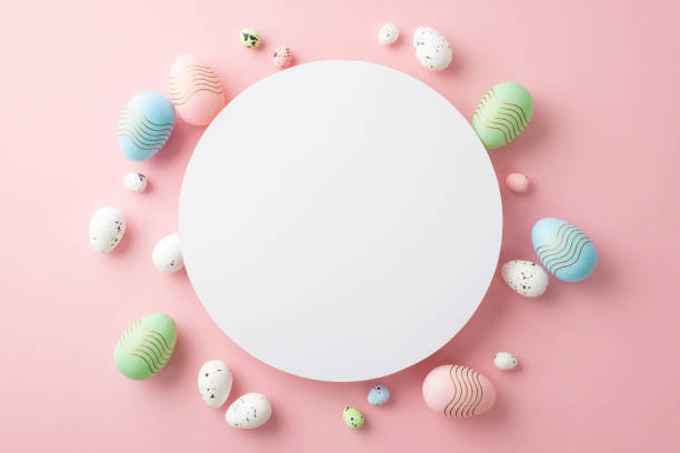 istock Easter concept. Top view photo of white empty circle green blue and pink easter eggs on isolated pastel pink background with copyspace 1467969021