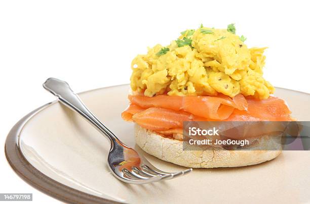 Scrambled Eggs With Smoked Salmon Stock Photo - Download Image Now - English Muffin, White Background, Bread