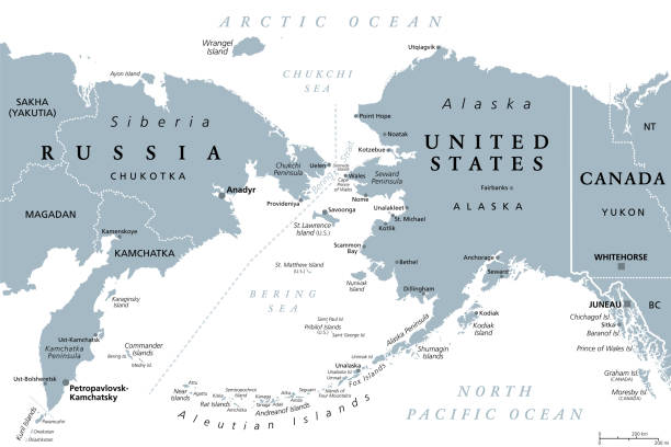 Russia and United States, maritime boundary, gray political map Russia and United States, maritime boundary, gray political map. The Chukchi Peninsula of Russian Far East, and Seward Peninsula of Alaska, separated by Bering Strait between Pacific and Arctic Ocean. chukchi stock illustrations