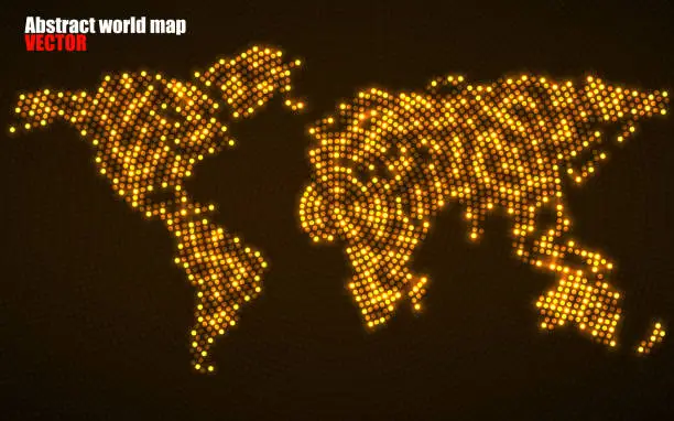 Vector illustration of World map of gold with glowing radial dots. World abstract illustration