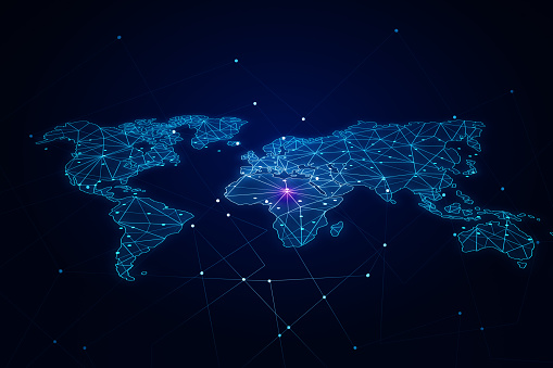 Global data exchange concept with bright glowing dots connected by lines on digital graphic world map on abstract dark technological background. 3D rendering