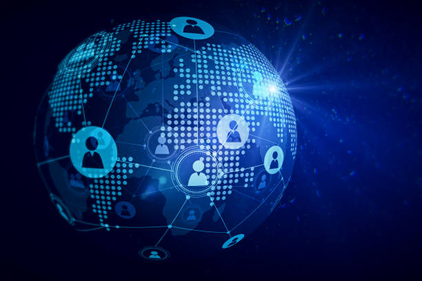 istock Personal data and social communication concept with digital graphic user icons on world map globe on abstract dark blue background. 3D rendering 1467974709