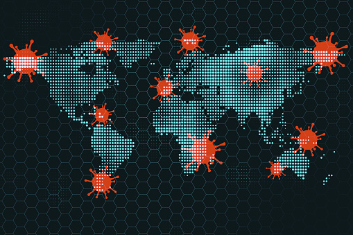 Pandemic risk concept with digital red virus molecules on world map on dark background. 3D rendering