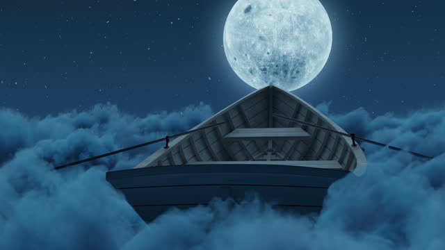 abandoned wooden boat over fluffy night clouds. Illuminated from big moon