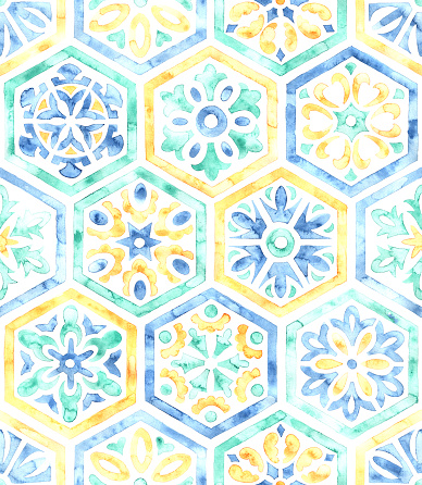 seamless watercolor pattern of hexagonal tiles, grunge vintage texture, drawing with paints on paper, summer Moroccan textile ornament