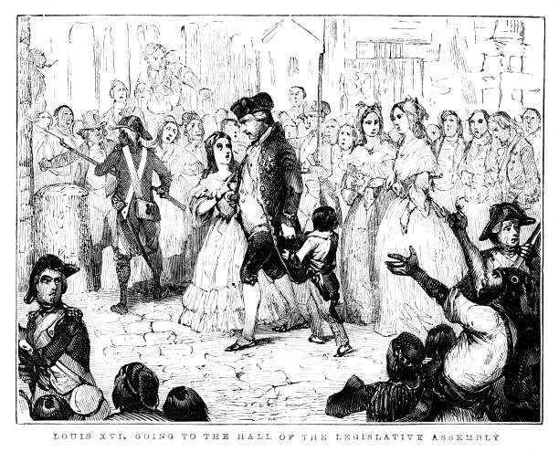 King Louis XVI walks to the Legislative Assembly, 18th Century French History King Louis XVI ( August 23, 1754 -January 21, 1793) walks to the Legislative Assembly. Louis XVI was the last French king before the fall of the monarchy during the French Revolution. Woodcut engraving published 1846. Original edition is from a history book in my own archives. Copyright has expired and is in Public Domain. Digitally restored. bayonet stock illustrations