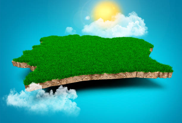 istock Ivory Coast Map, Realistic 3D Map of Ivory Coast Clouds Tree sun rays on bright blue Sky 3d illustration 1467980915