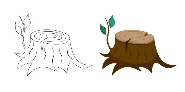 Vector illustration of Illustration for coloring page on the theme of summer and travel. Tree stump in twig and leaves. Vector illustration coloring book.