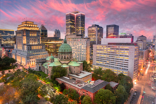 Montreal Quebec Canada downtown city skyline view overlooking Dorchester Square public park