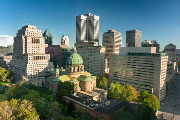Montreal Quebec Canada downtown city skyline view overlooking Dorchester Square public park