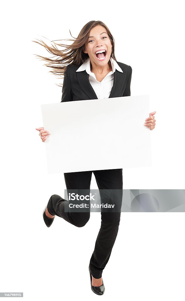 Biznes Kobieta trzyma znak-Śmieszne running white - Zbiór zdjęć royalty-free (Agent nieruchomości)