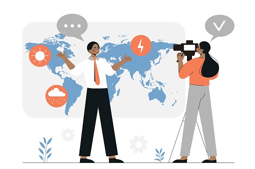 Meteorological forecast recording. Woman with camera shouting of man against background of world map and climate icons. Information and mass media, knowledge. Cartoon flat vector illustration