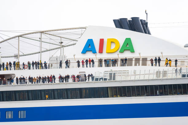 Gothenburg, Sweden - October 29 2022: Passengers on top decks of an AIDA cruise ship.