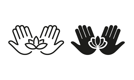 Hand Hold Lotus Silhouette and Line Icon Set. Palm and Flower, Medical Care Beauty Acupuncture Pictogram. Yoga Esoteric Meditation. Medical Massage. Editable Stroke. Isolated Vector Illustration.