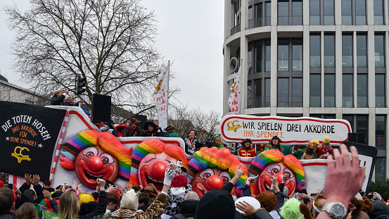 Cologne,Germany - February 16,2015:Carnival float in the Rose Monday procession in Cologne. The Rose Monday procession is a carnival parade.