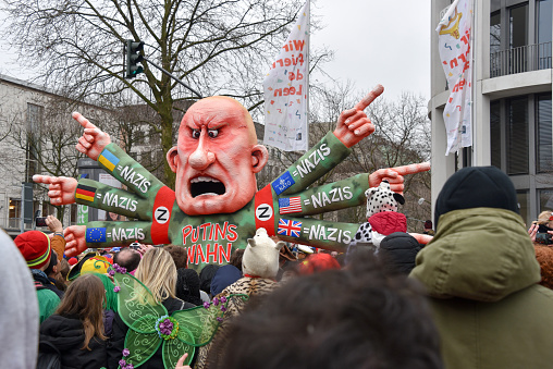 Duesseldorf, Germany, February 20, 2023 - Traditional Rose Monday Carnival float (Rose Monday Parade) in Duesseldorf old town.