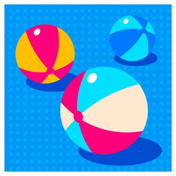 Colored beach balls on the blue polka dot backgrounds. Illustration for poster and invitation card. Summer time. beach ball stock illustrations