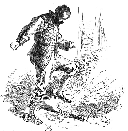 Robinson Crusoe 1875 - man stepping on a fire trying to put it out