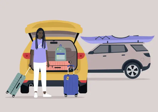 Vector illustration of A young character packing suitcases in a car trunk, summer break road trip, vacation lifestyle