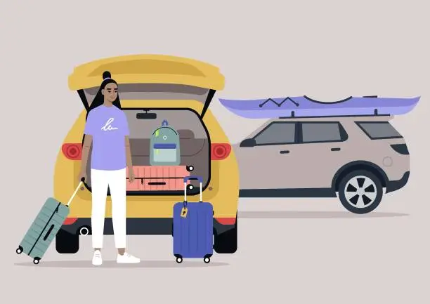 Vector illustration of A young character packing suitcases in a car trunk, summer break road trip, vacation lifestyle