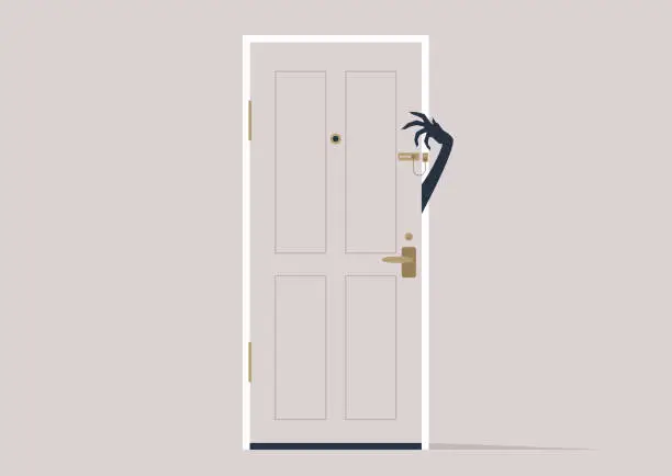 Vector illustration of A spooky monster hand trying to unlock a door chain, unsafe environment