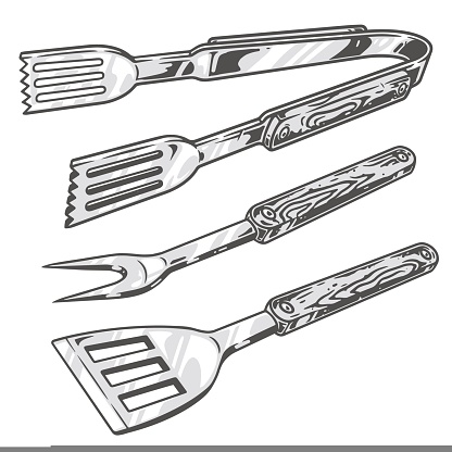 Kitchen utensils sticker vintage monochrome with spatula and fork or tongs with wooden handles for restaurant chef vector illustration