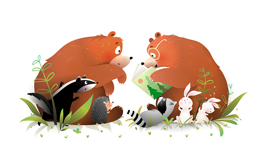 Bear reading a story book to friends animals bunny badger and raccoon. Cute animals reading book, learning and education cartoon for kids. Hand drawn vector clipart illustration for children.