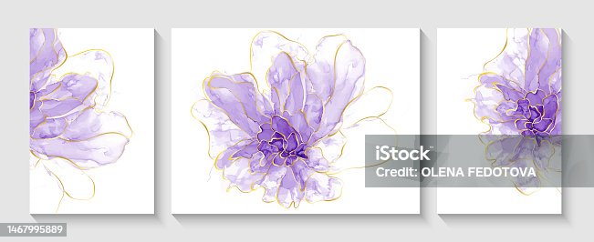 istock Set of modern creative illustrations with flowers. Modern creative design alcohol ink texture for home decor, banners, and prints. Vector illustration. 1467995889