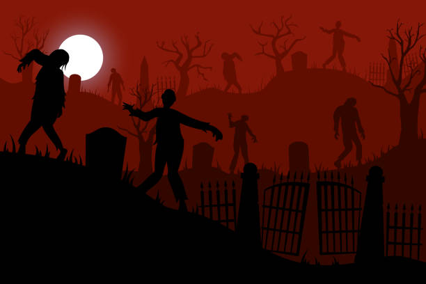 Zombie Halloween graveyard. Cemetery hills silhouette. Scary grave landscape. Creepy monster. Walking corpses and gravestones. October night landscape. Vector poster. Garish red background Zombie Halloween graveyard. Cemetery hills silhouette. Scary grave landscape. Creepy monster. Walking evil corpses and gravestones. October night landscape. Vector horror poster. Garish red background monster back lit halloween cemetery stock illustrations