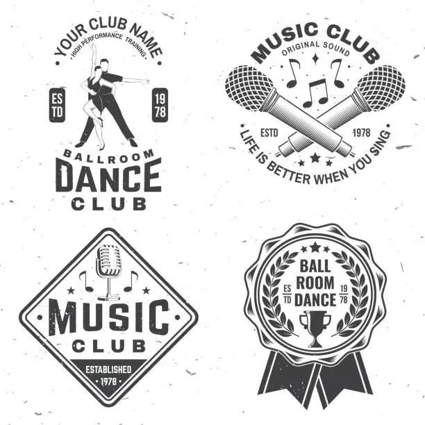 Vector illustration of Set of retro music and ballroom dance sport club emblems, badges design. Dance sport and retro music sticker with microphone with sunburst, shoes for ballroom dancing, man and woman silhouette. Vector illustration.