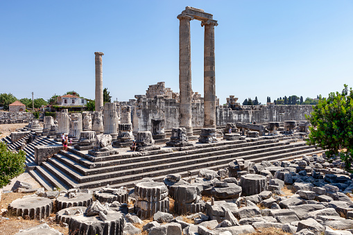 Didim,TURKEY - August 14, 2011: Didyma, located in the southwest part of modern Turkey, was an important religious site of ancient Ionia. It was home to a large temple dedicated to Apollo, called the Didymaion. Pausanias (Greek traveler, ca. 160 A.D.) explained that the Didymaion was constructed before Greek colonization (10th century B.C.), and many believe it actually dates to the 2nd millennium B.C. However, the earliest level of the temple found thus far dates to the end of the 8th century B.C., and the colonnade of the temple was erected a century later.