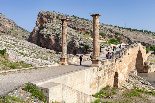 Adıyaman, Turkiye - May 13, 2012: ruins of the ancient bridge of Severan Bridge local name is cendere koprusu in Adiyaman, Turkey,