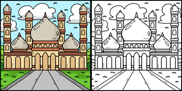 Vector illustration of Ramadan Mosque Coloring Page Colored Illustration