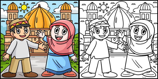 Ramadan Happy Muslim Kids Coloring Illustration This coloring page shows a Ramadan Happy Muslim Kids. One side of this illustration is colored and serves as an inspiration for children. allah the god islam cartoons stock illustrations